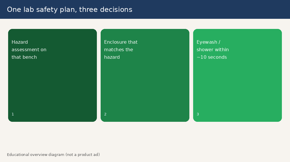 Three-step lab safety plan linking hazard assessment, enclosure choice, and emergency eyewash shower placement
